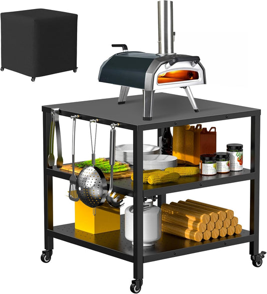 Outdoor Grill Cart Pizza Oven Stand Table with Wheels, Three-Shelf Movable Dining BBQ Food Prep and Work Cart Table, Kitchen Rolling Trolley Cart, Grill Tables for Outside with Waterproof Cover
