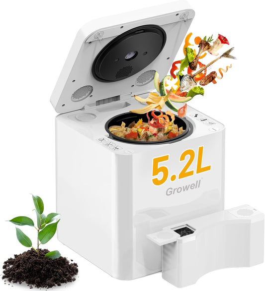 Electric Composter for Kitchen Indoor, 5.2L Large Countertop Compost Bin with 3-in-1 Drying/Grinding/Composting, Odorless Food Waste Compost Machine with Auto-Clean & Smart Sensor LED Display, EC03