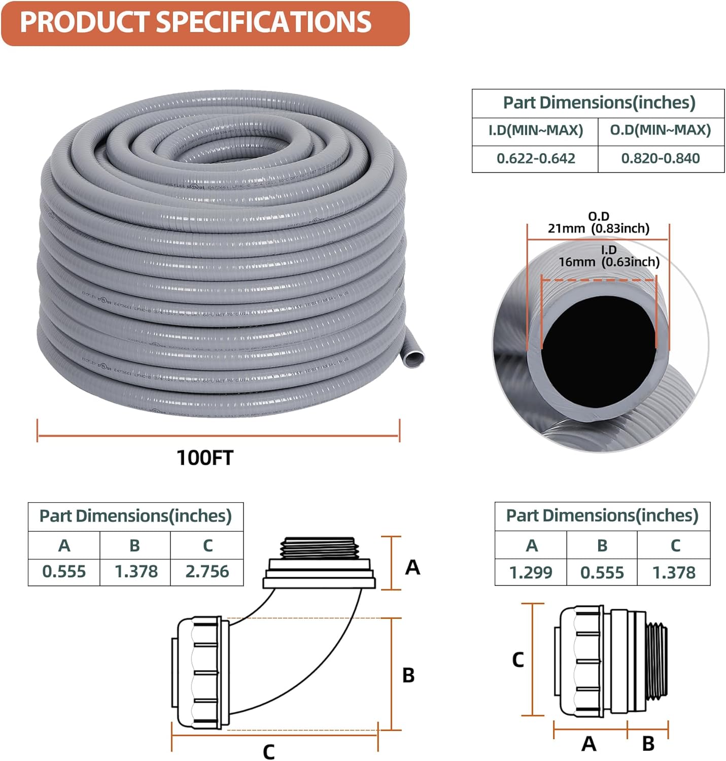 1/2" Liquid-Tight PVC Conduit Kit, 100ft with 10 Connectors, Grey, 5 Straight & 5 90-Degree Fittings, UL Certified, Flexible, Easy Installation, Multi-Application