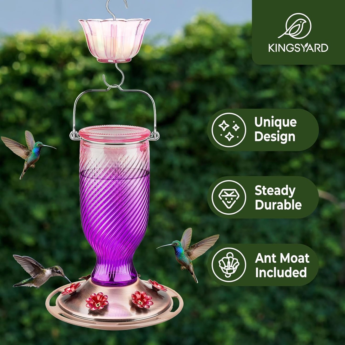 Kingsyard Glass Hummingbird Feeders for Outdoors, 24 oz Hummingbird Nectar Feeder for Outdoors Garden Yard D�cor, 6 Feeding Ports, Ant Moat Included, Easy to Clean & Refill, Purple