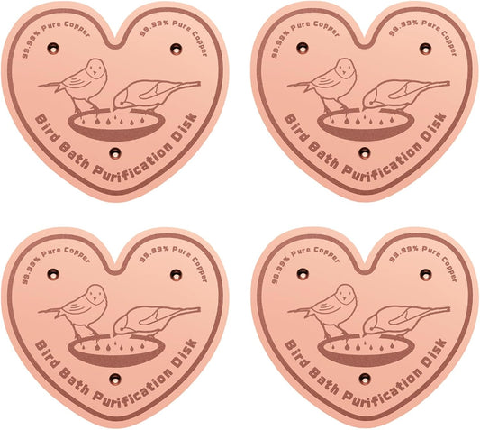 4-Pack 99.99% Pure Copper Bird Bath Purification Disk,Copper Disc with Stable Triple-Point Support,Fits All Outdoor Bird Baths(Heart-Shaped)