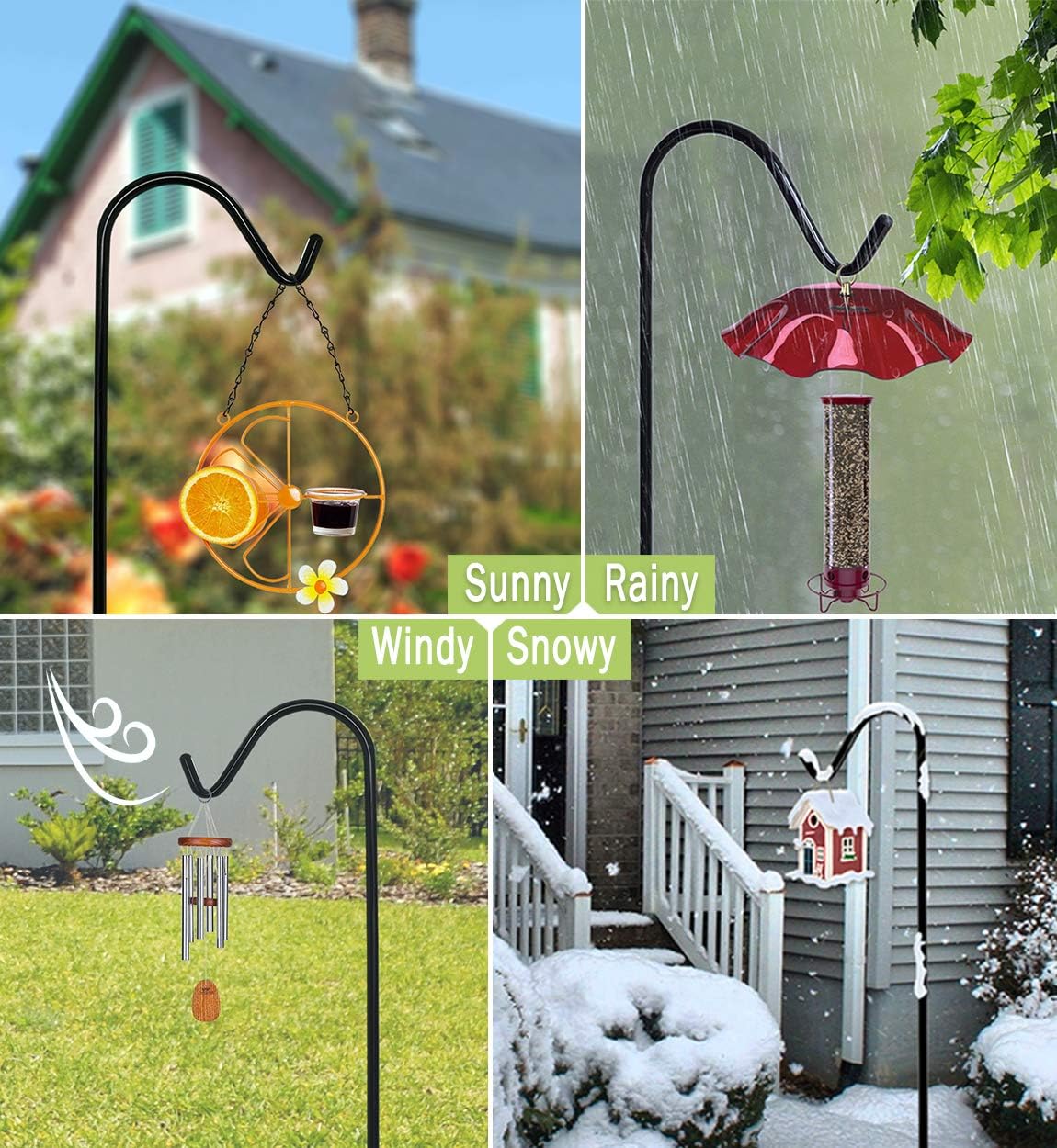 Garbuildman 76 Inch Tall Shepherd Hooks with 5-Forked Base, Adjustable Heavy Duty Bird Feeder Pole Stand Hanger for Outdoor, Shiny Black, 2 Pack