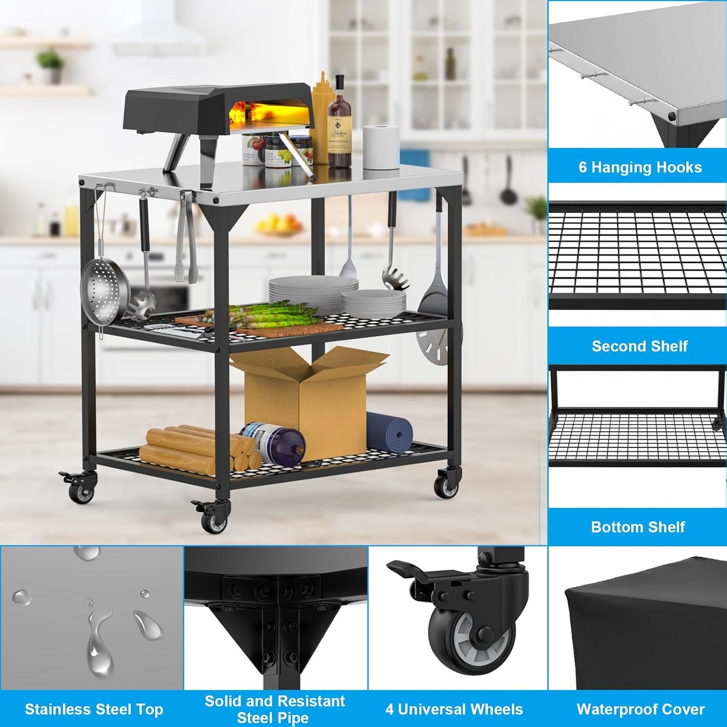 LS'BABQ Pizza Oven Table Cart for Ooni, Ninja Woodfire, Blackstone Grill Stand, Outdoor Grill Cart with Wheels, Stainless Steel Rolling Trolley Kitchen Cooking Food Prep and Work Cart Table with Cover