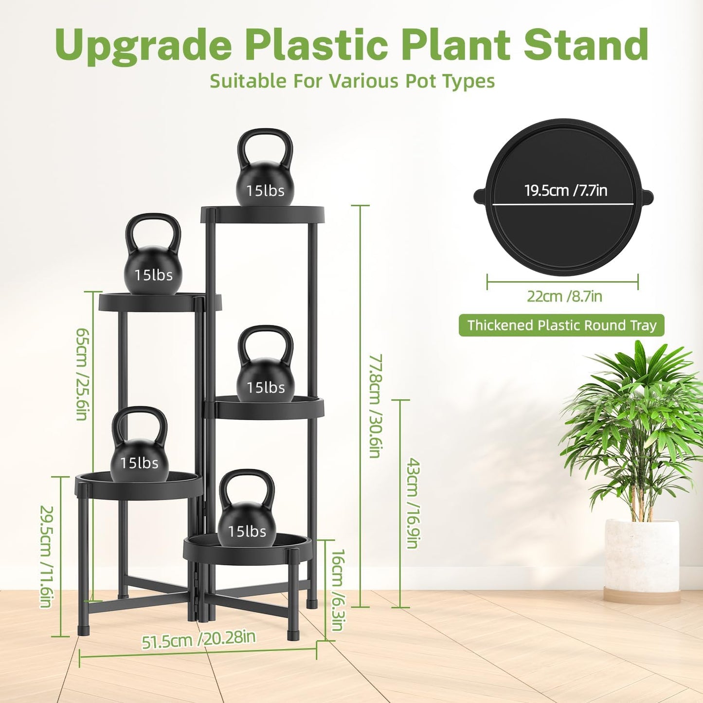 iDavosic.ly 5 Tier Folding Plant Stand Indoor Outdoor with Plastic Tray, Tiered Corner Flower Holder Shelf, Metal Orchid Display Rack for Patio Porch Living Room Garden Balcony, Modern Black