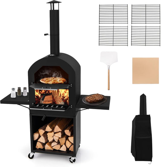 HAPPYGRILL Outdoor Wood Fired Pizza Oven w/Firewood Storage, Side Shelves, Patio Pizza Maker wi/Pizza Stone & Peel, 2 Cooking Grills & Thermometer, Portable Pizza Stove for Backyard Party Camping