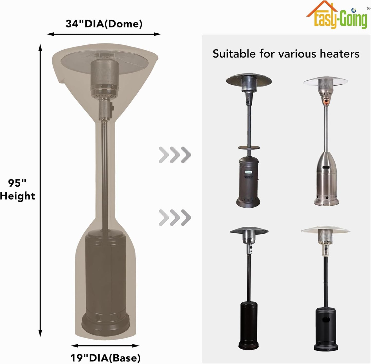 Easy-Going Stand-Up Patio Heater Cover with Zipper and Storage Bag, Waterproof Outdoor Heater Cover Dustproof, UV-Resisant, Wind-Resistant (95" H x 34" D x 19" B, Camel)