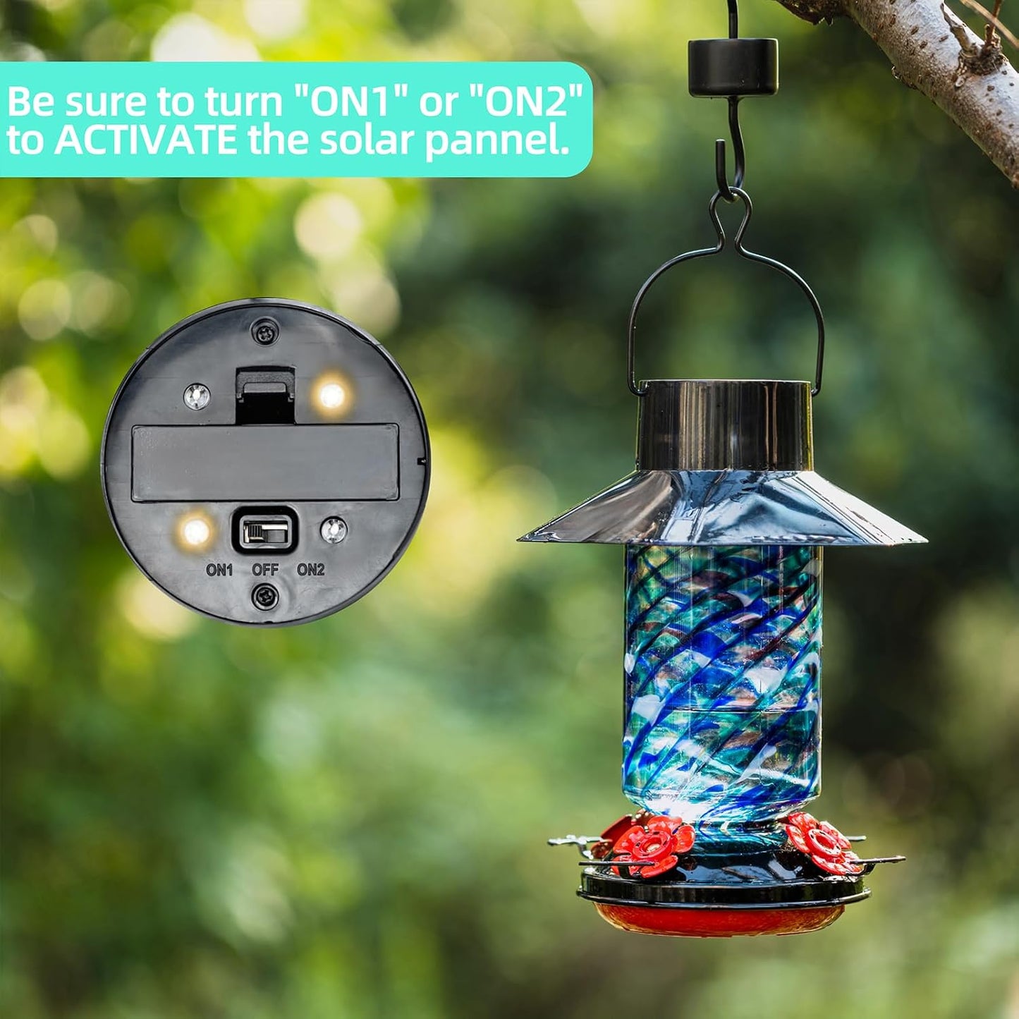 Muse Garden Gifts for Women Solar Hummingbird Feeders for Outdoors Hanging Ant and Bee Proof, Hand Blown Glass Lantern Garden Decor, Moms Birthday Unique, 28oz, Blue Mermaid