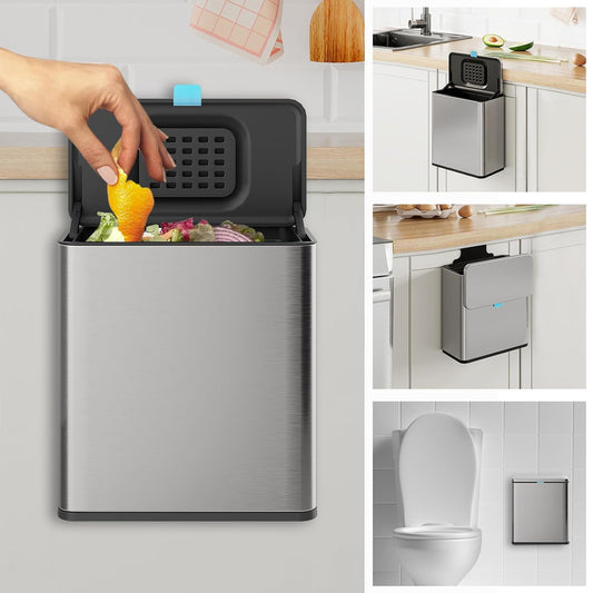 Stainless Steel Hanging Trash Can with Lid and Inner Bucket, 2 Gallon Kitchen Compost Bin for Counter Top, Under Sink or Wall Mount, Small Garbage Can for Cupboard/Bathroom/Bedroom/RV