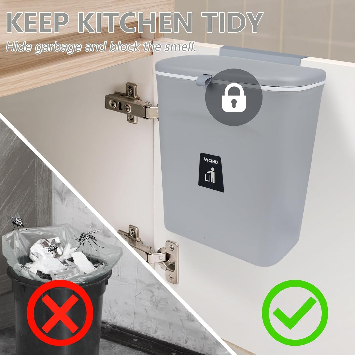 9L/2.4 Gallon Hanging Trash Can for Kitchen Cabinet Door with Lid, Small Under Sink Garbage Can,Trash Bin for Bathroom,Wall Mounted Counter Waste Kitchen Compost Bin,Plastic (Gray)