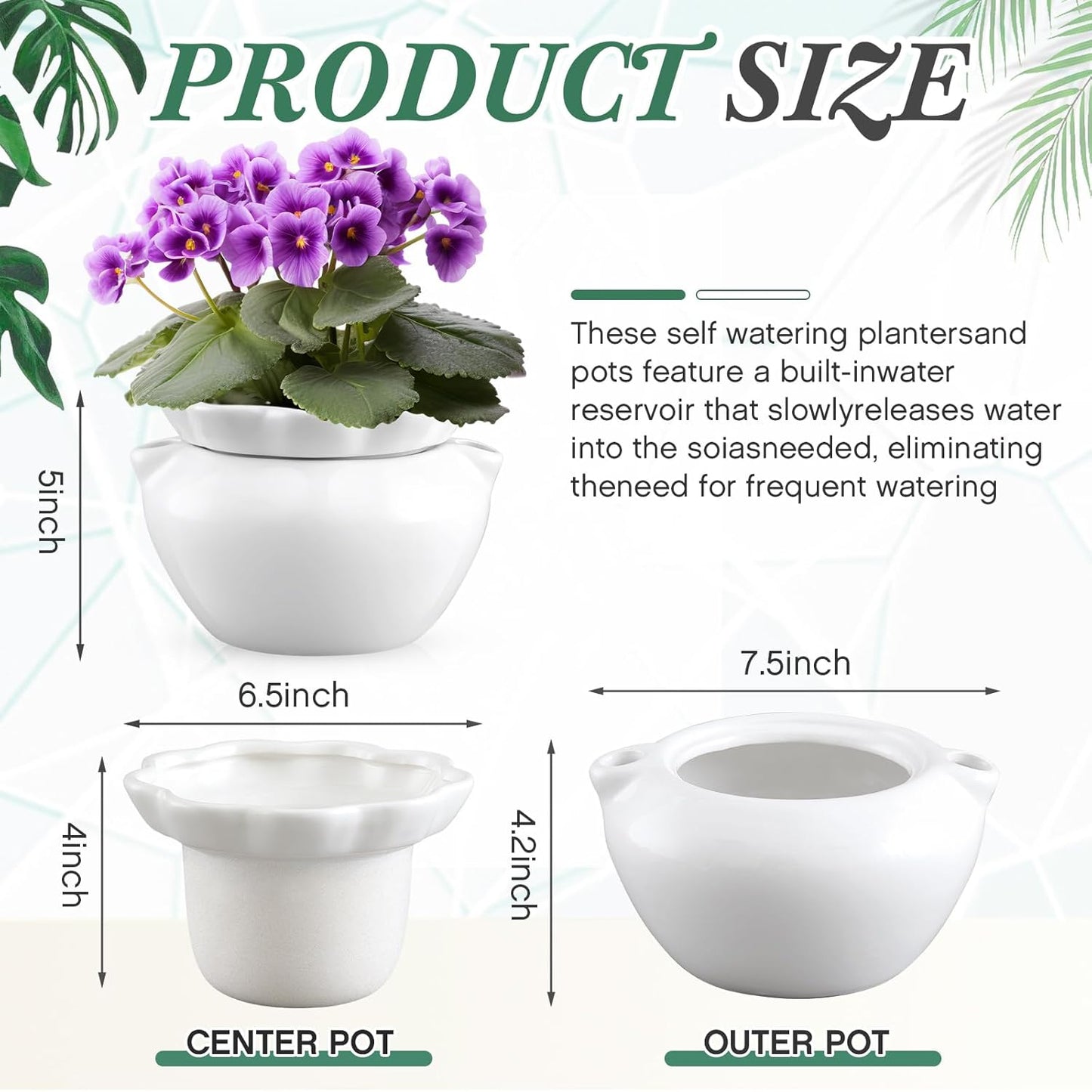 1 Set 7.5 Inches African Violet Pots Self Watering White Ceramic Pot for Indoor Plants, Flowerpot with Highly Absorbent Inner Pot for Busy Plant Lovers, Plant Care
