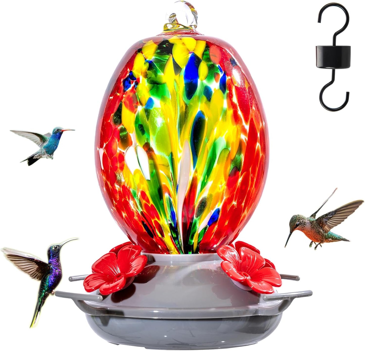 Muse Garden Hand Blown Glass Hummingbird Feeder - 19OZ Plastic Base Humming Bird Feeders for Outdoors Hanging, Garden Decor Gifts for Bird Lovers, Red Phoenix