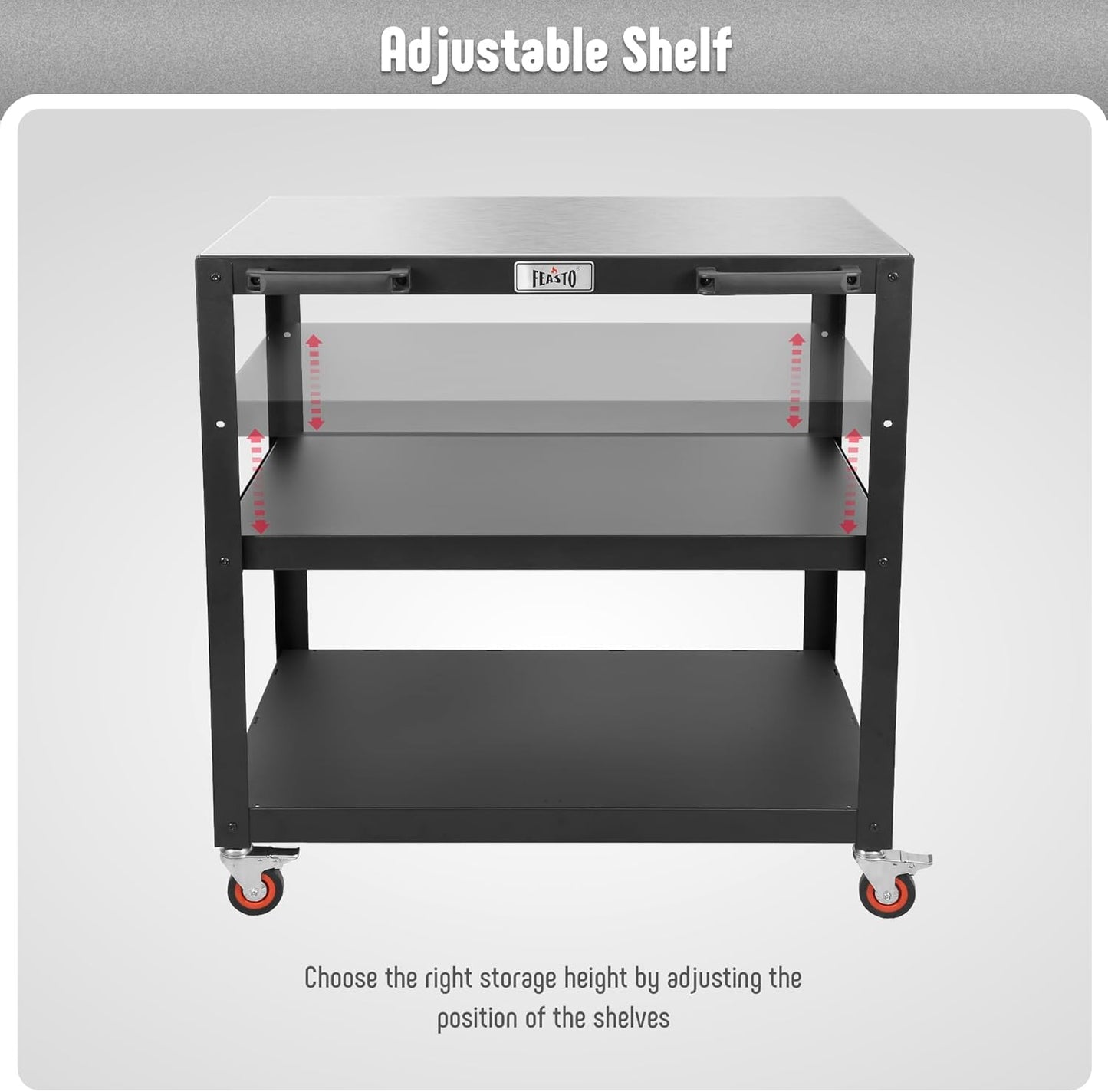 36''x 24'' Large Movable Pizza Oven Table for Outdoor, 304 Stainless Steel Grill Cart with Wheels, 3-Shelf Outdoor Kitchen Prep Table Pizza Oven Stand on Wheels for Pizza Oven& Griddle