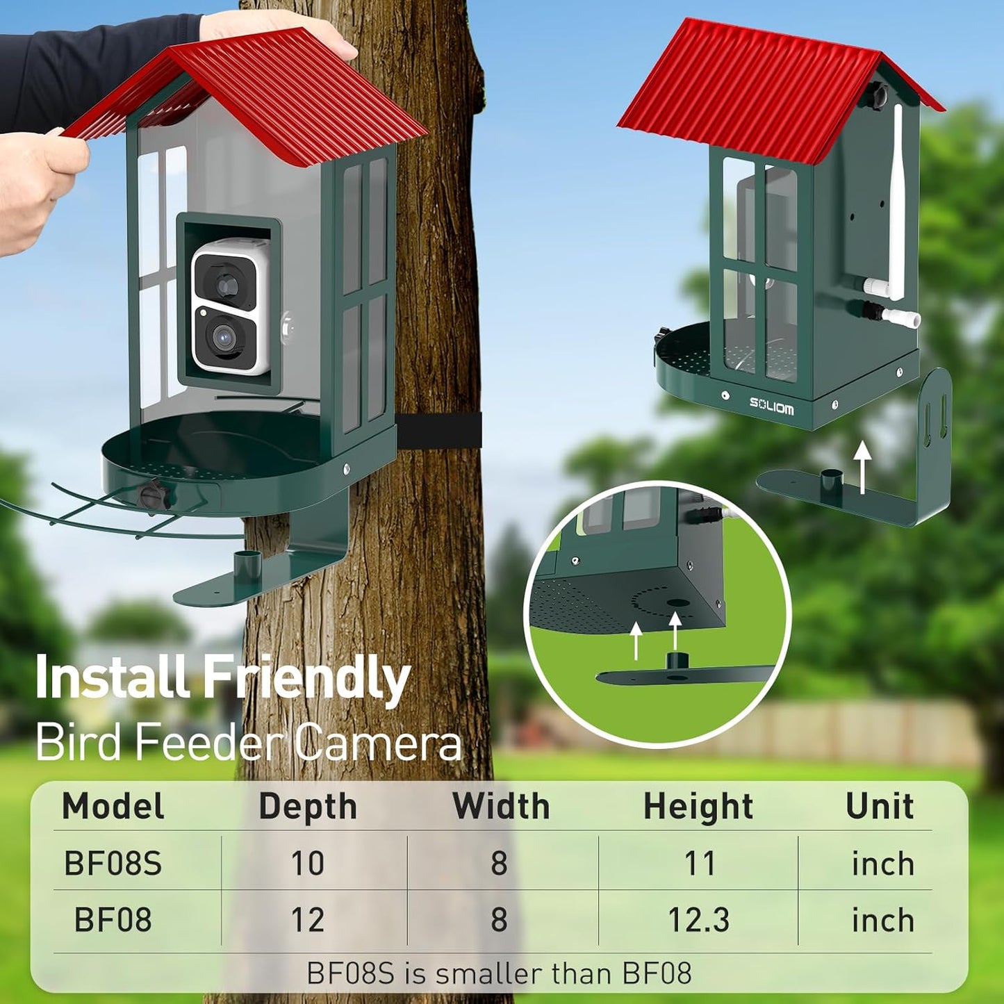 SOLIOM Solar Bird Feeder with Camera for Outdoors - AI Smart Birdhouse, 2K Live View & Instant Alerts, Squirrel Proof - Perfect Bird Watching Gift (Red)