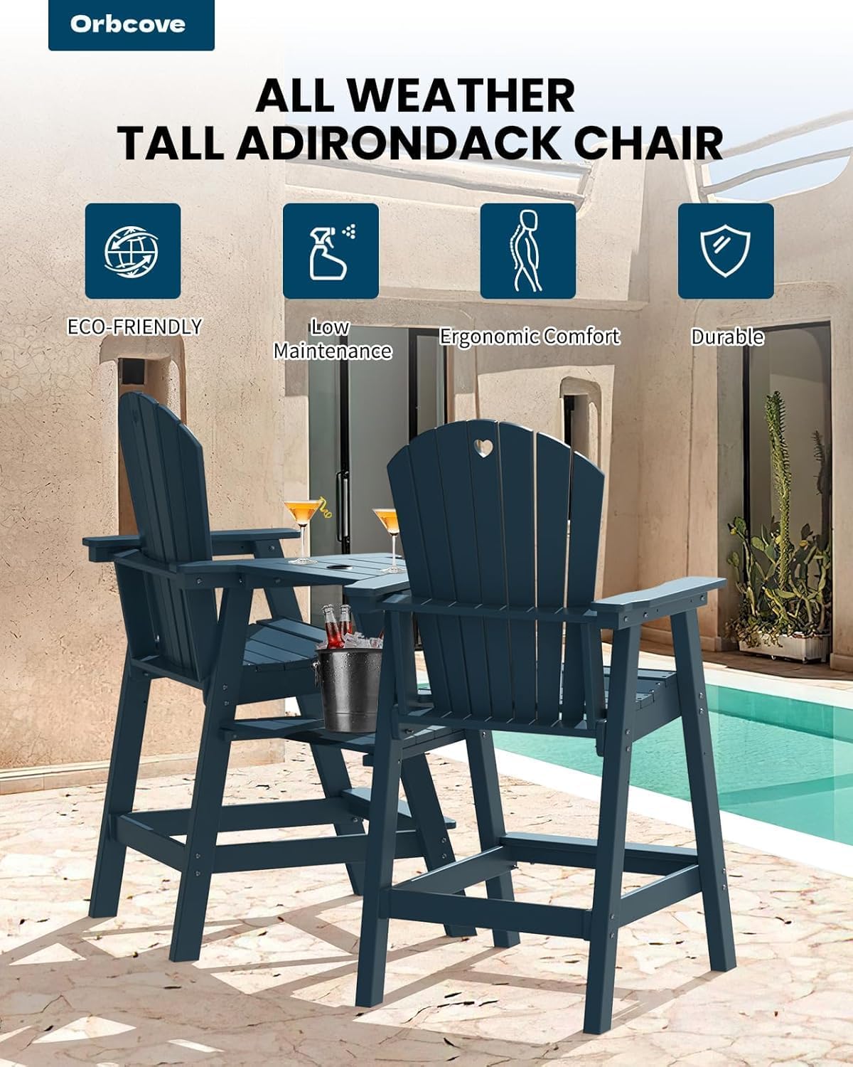 Tall Adirondack Chairs Set of 2-Durable HDPE Outdoor Bar Stools with Double Connecting Tray, Weatherproof Patio Furniture for Poolside, Backyard, Deck & Lawn Relaxation (Navy Blue)