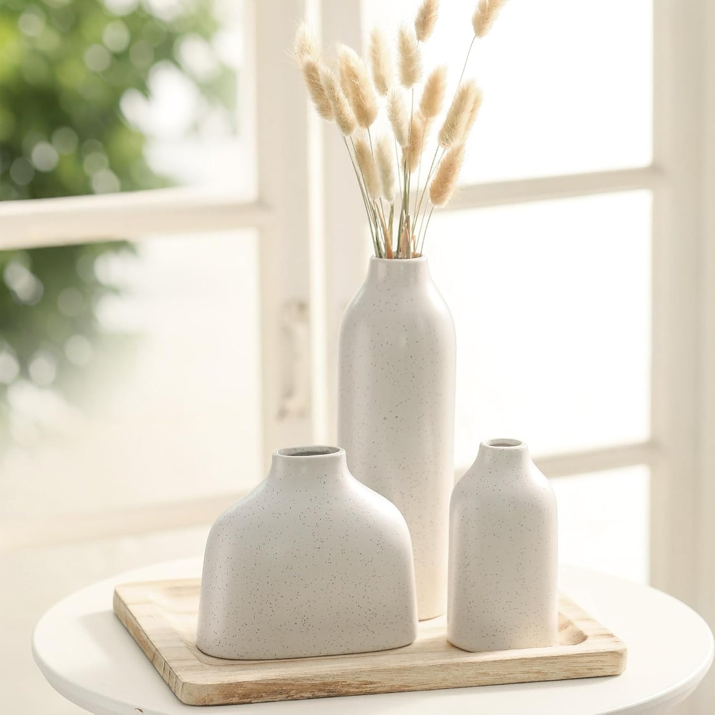 Ceramic Vase Set of 3, White Flower Vase Home Decor,Modern Farmhouse Decor,Pampas Grass Dried Fresh Flowers Living Room,Bookshelf Decoration, Centerpiece Table Decor,Boho Decor.(White)