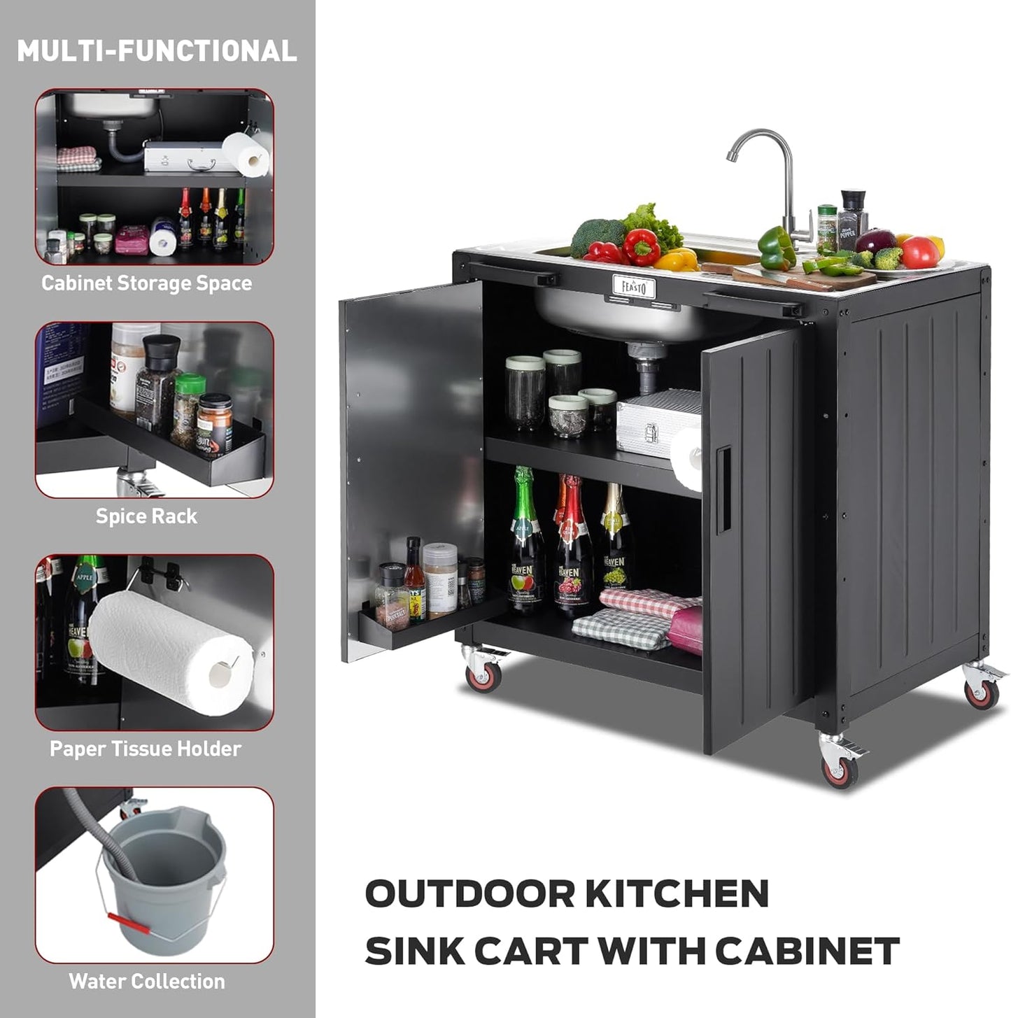 Freestanding Grill Cart with Sink and Cabinet, Movable Outdoor Cart Table with 304 Stainless Steel Sink, Outdoor Grill Cart,Outdoor Grill Station with Wheels, L35.4” x W24”