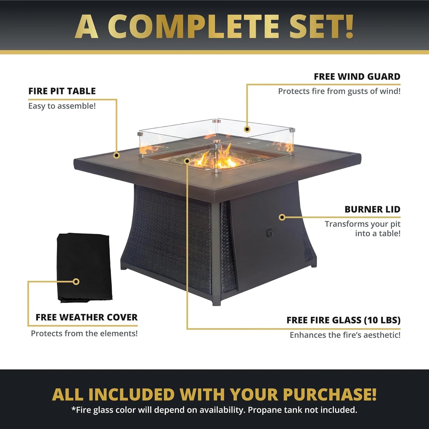 42" Outdoor Fire Pit Table for Patio, Propane Fire Pit Coffee Table with Square Base Patio Heater, CSA Certified, 50,000 BTU Stainless Steel Burner
