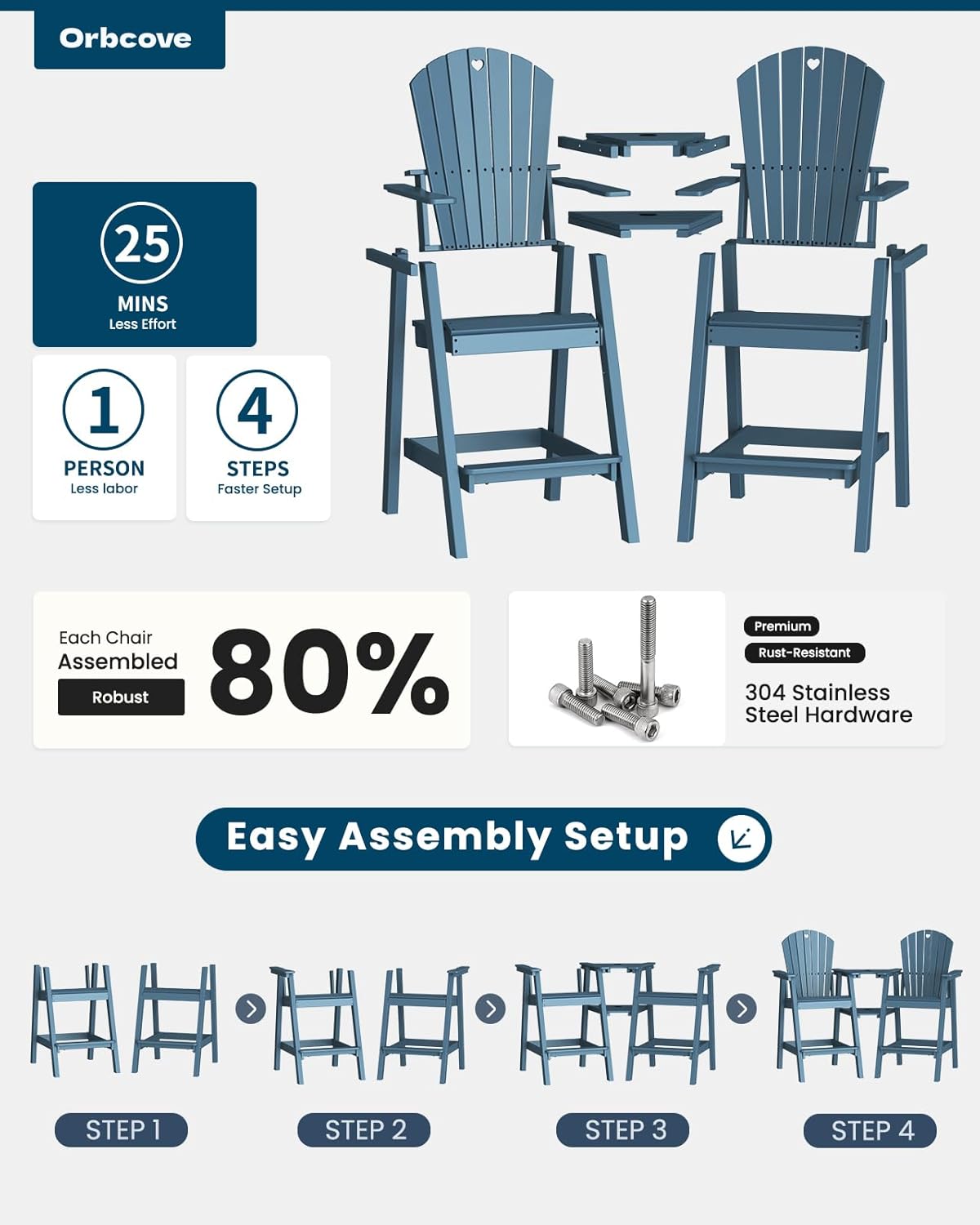 Tall Adirondack Chairs Set of 2-Durable HDPE Outdoor Bar Stools with Double Connecting Tray, Weatherproof Patio Furniture for Poolside, Backyard, Deck & Lawn Relaxation (Navy Blue)