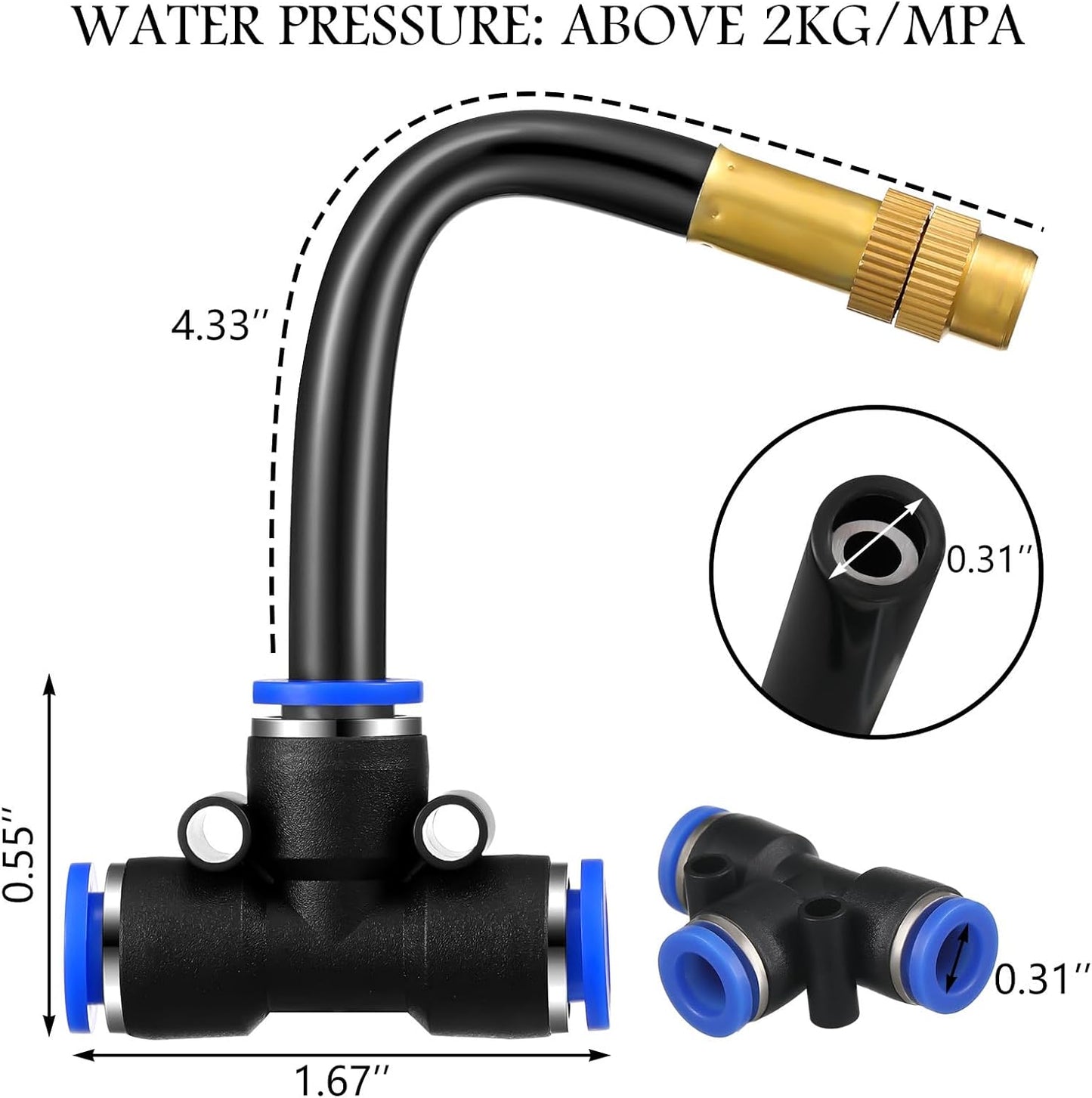Zonon 10 Pcs Brass Misting Nozzles Tee with 4 Inch Built in Hose 360 Degree Rotation Adjustable Water Mister Nozzles Thread Sprayer 0.043" Misting Parts and Accessories for Patio Outdoor Cooling