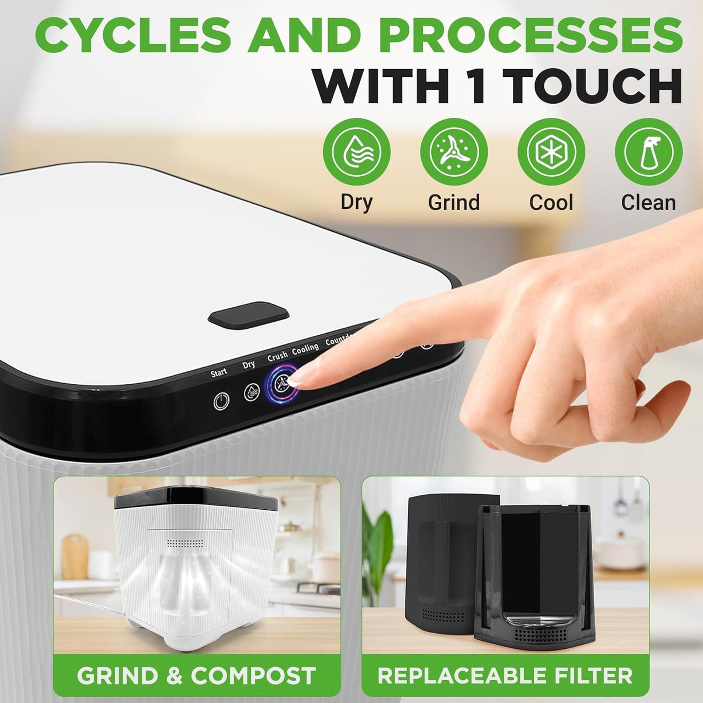 NutriChef Electric Kitchen Composter | 3 Quart Food Recycler | Food Waste Compost Bin for Countertop | 1 Button to Compost, Easy to Clean Composter Bucket | Low Noise, Odorless & Auto Clean | White