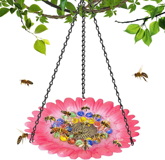 Bee Watering Station for Garden, Bee Bath Feeders for Outside with Vivid Flower Design, Hanging Butterfly Bath Bowl with Glass Balls for Outdoor Courtyard Decoration (1Pcs-Pink)