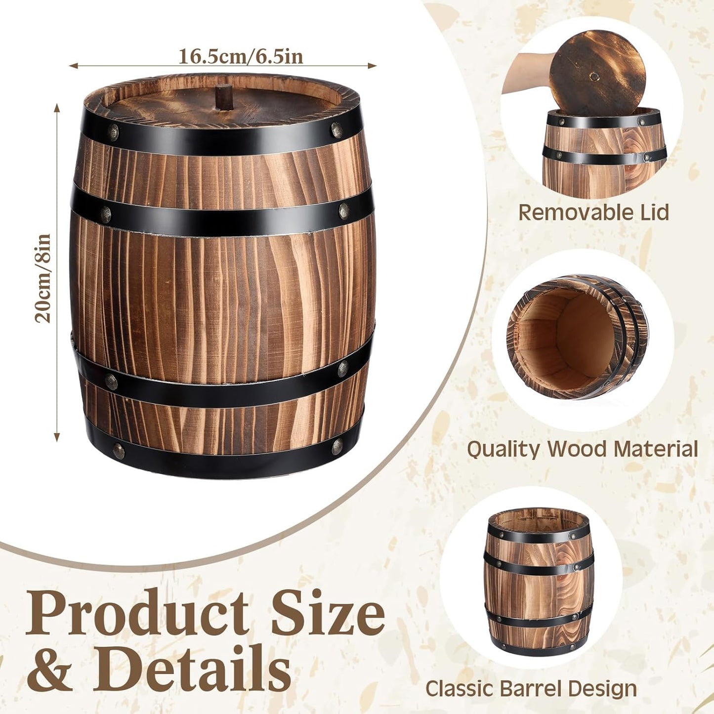 2 Pcs Wood Wine Barrel Vase 8" x 6.5" Vintage Flower Vase Container Rustic Barrel Planter for Wedding Reception Table Decoration Home Indoor Outdoor Garden Kitchen Party