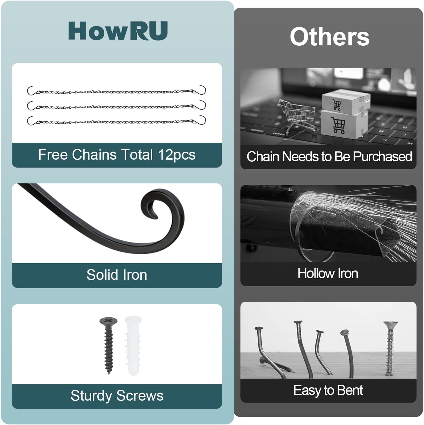 Plant Hangers Outdoor, 4 Pack 12 Inch Plant Hooks with 12 Chains for Wall Metal Plants Hanging Bracket for Bird Feeder, Flower Baskets, Wind Chimes, Lanterns, Indoor Outdoor, Black