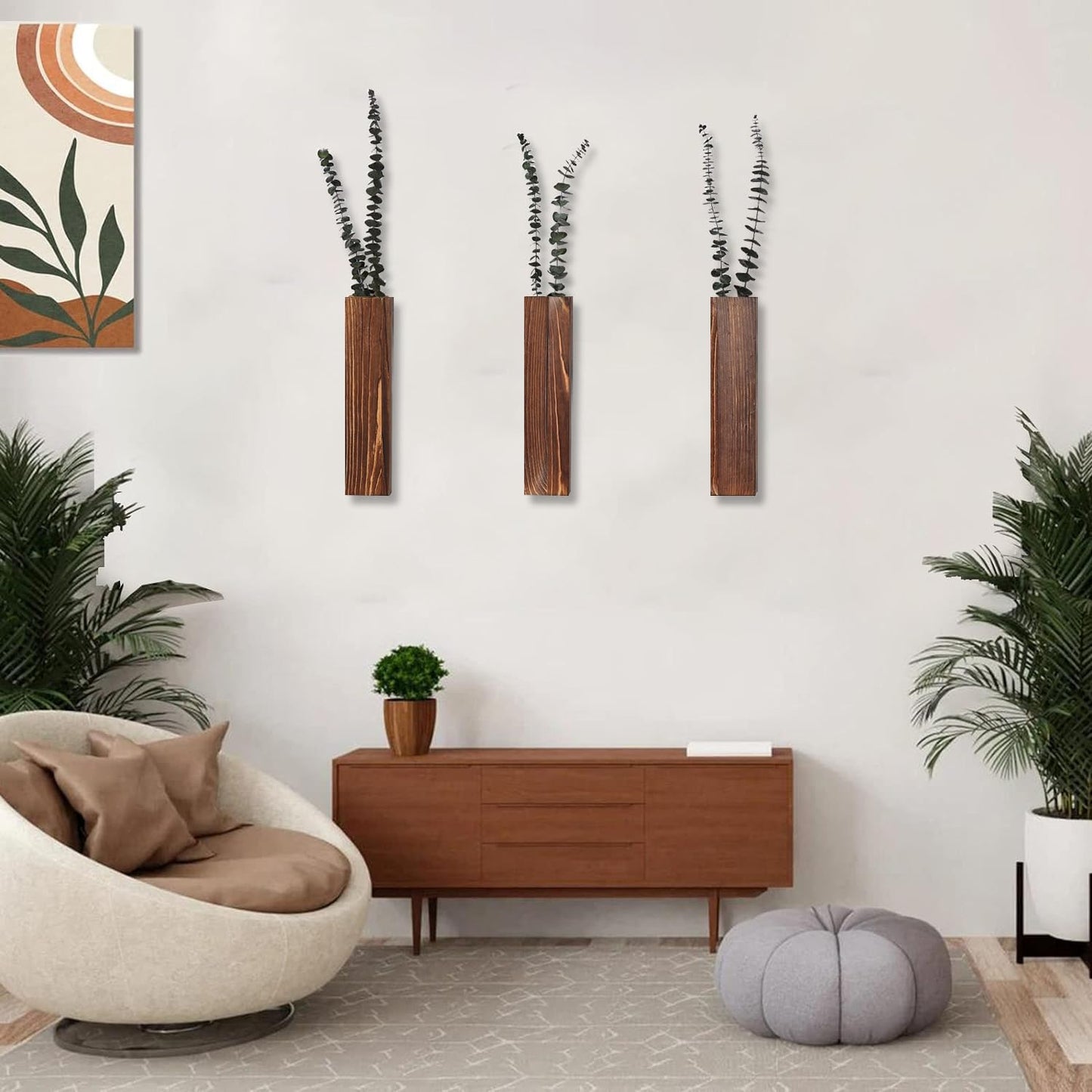 Wooden Wall Planter Set of 3 - Modern Home Decor for Living Room, Bedroom, Bathroom - Walnut Finish Planter for Dried Flowers, Faux Greenery, Indoor Plants