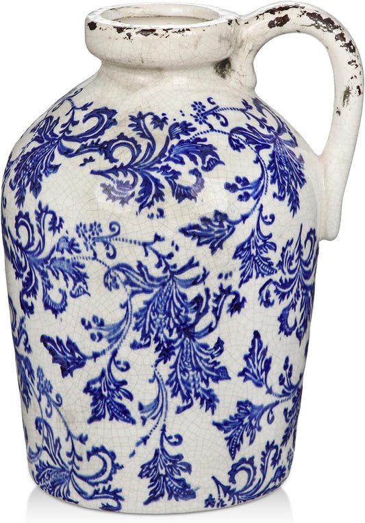 Ceramic Rustic Farmhouse Vase, 9 inch Ceramic Blue and White Vase for Centerpieces Pampas Grass Pottery Jug with Handle Boho Chinoiserie Decor Vintage Vases for Living Room Kitchen Dinner Table Shelf