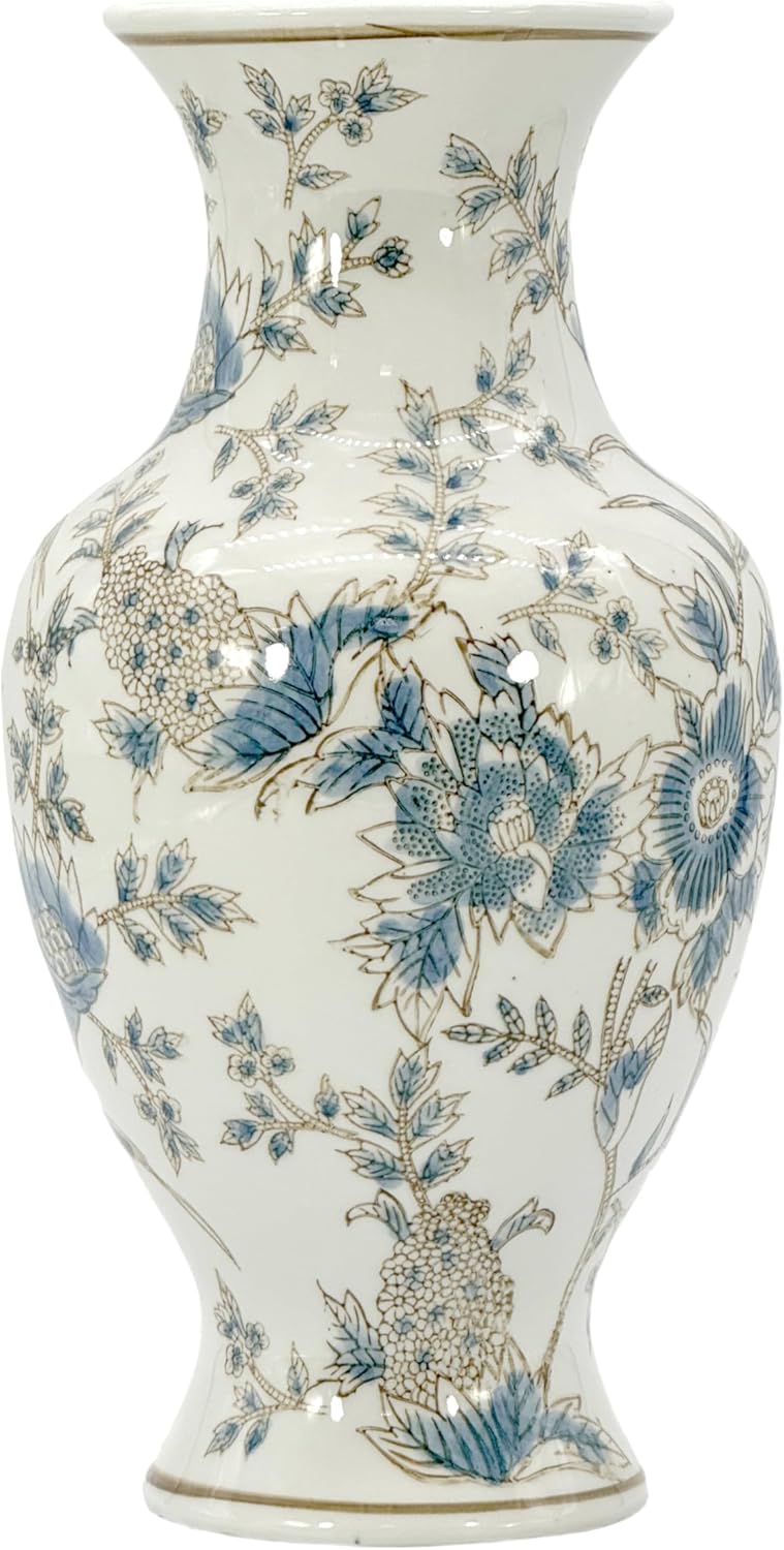 Galt International White & Blue Floral Chinoiserie Ceramic Vase 14" - Hand Painted Antique Style Porcelain Flower Bottle Fishtail Porcelain Chinese Vase for Home Decor Centerpiece