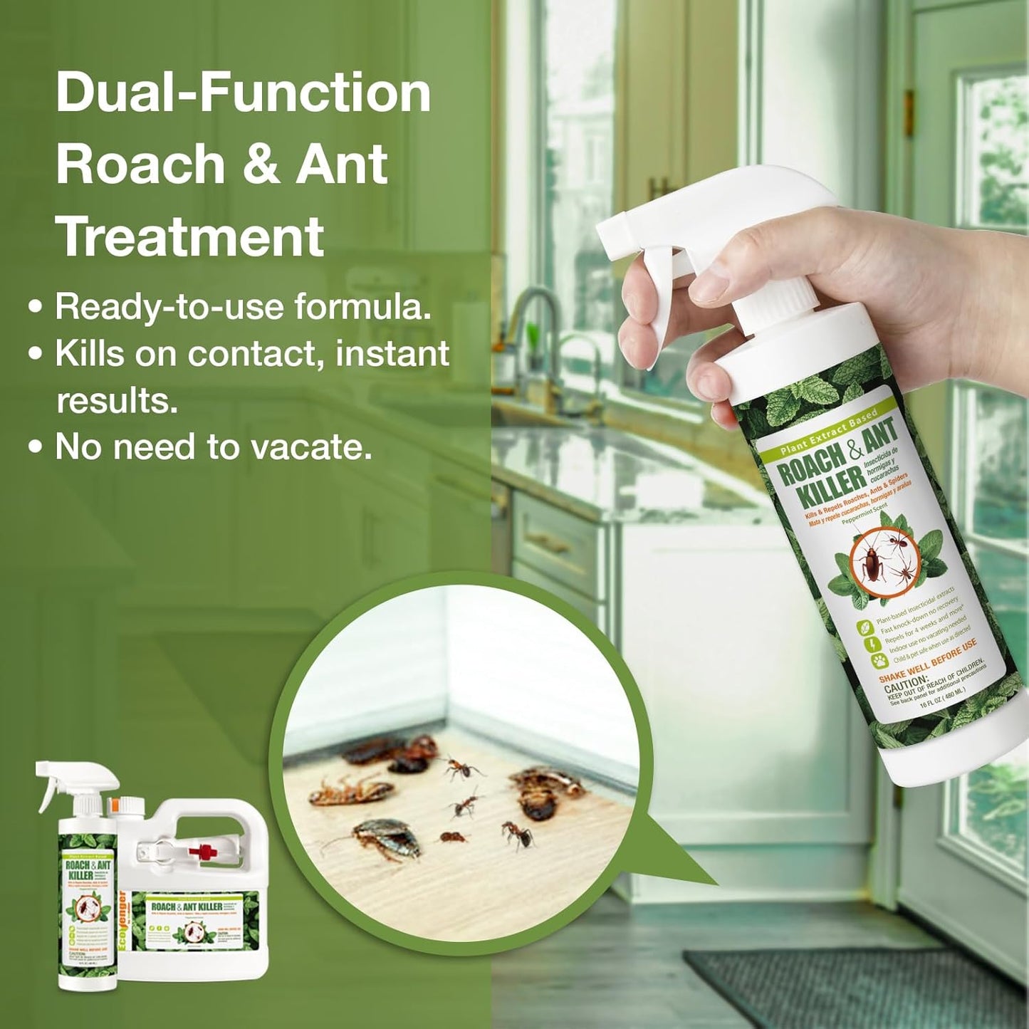 EcoVenger Roach & Ant Killer 16OZ, Kills on Contact, Extended 4-Week Deterrence, Kills Cockroaches, Ants & Other Indoor & Outdoor Crawling Insects, Peppermint Oil, Non-Toxic, Safe for Children & Pets