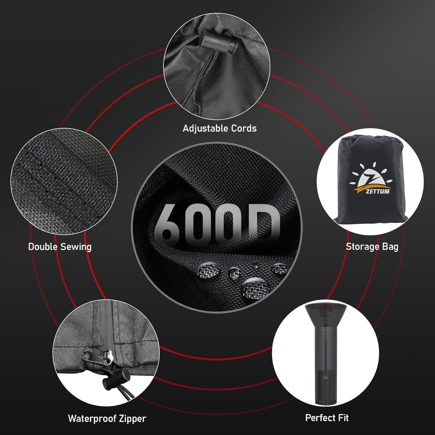 Patio Heater Covers - 600D Outdoor Heater Cover with Zipper Waterproof Heavy Duty, Propane Heat Cover for East Oak, Hampton Bay, Fire Sense and More (89" Height x 33" Dome x 19" Base)