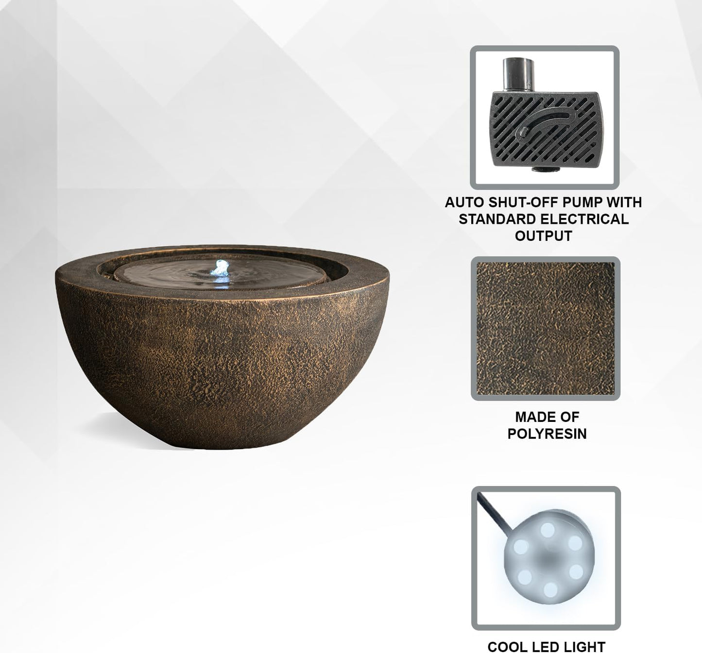 Xbrand 19.8"" W Round Polyresin Indoor/Outdoor Sphere Water Fountain w/LED Light, Garden Water Fountain, Water Bowl Fountain, Patio Water Fountain, Water Fountain Décor, Bronze, AMS3542-1