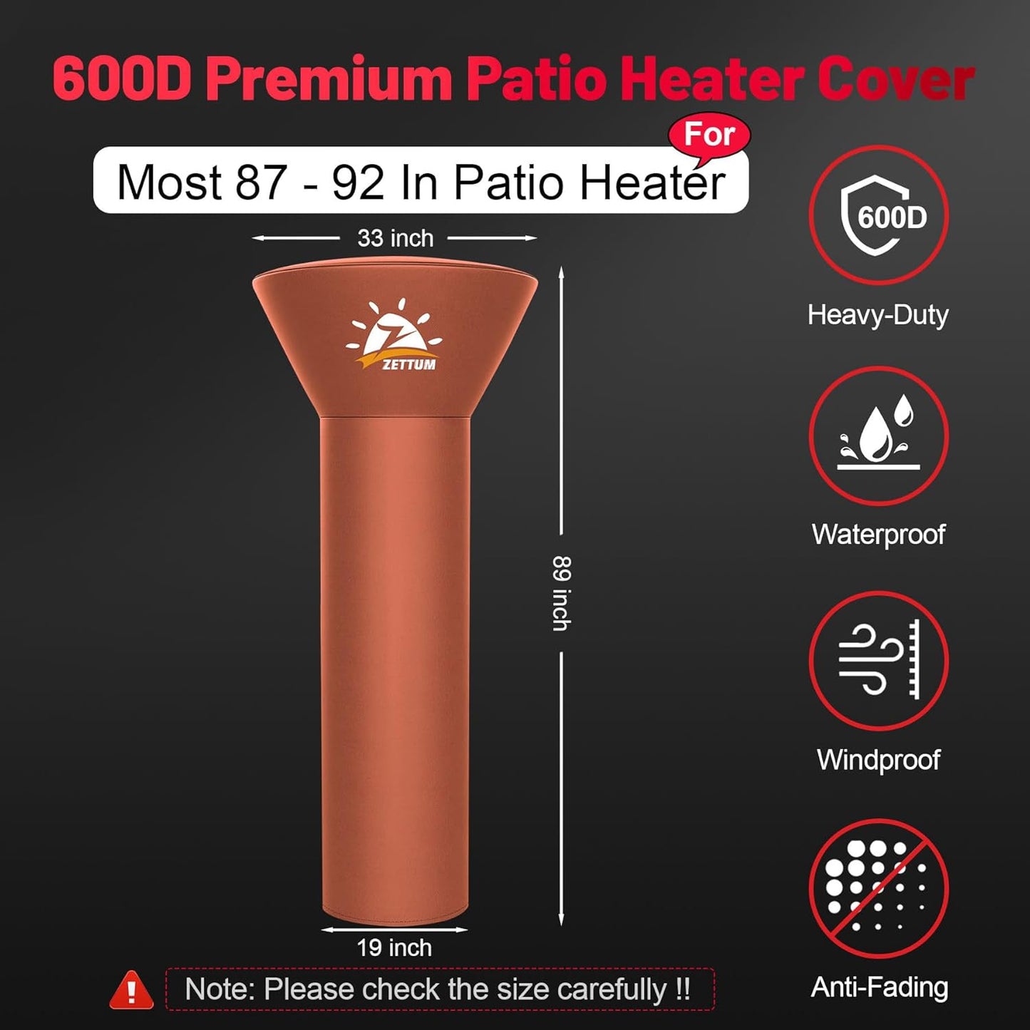 Patio Heater Covers - 600D Outdoor Heater Cover with Zipper Heavy Duty Waterproof, Propane Heat Cover for East Oak, Hampton Bay, Amazon Basics and Fire Sense (89" Height x 33" Dome x 19" Base)
