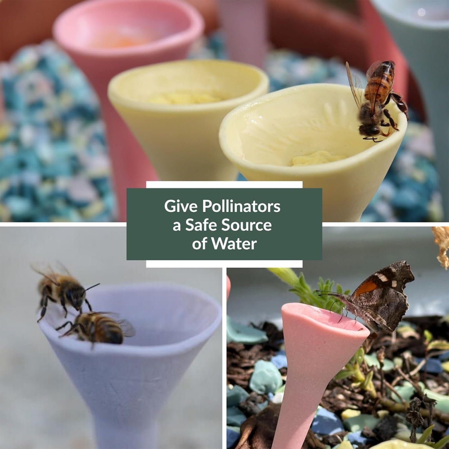 5 Pack, Bee Watering Station, 100% Handmade Porcelain, Bee and Butterfly Feeder for Garden, Outdoor Feeder for Thirsty Pollinators, 0 Plastic, Bee Attracting Glaze (5, Butterfly Special Red)