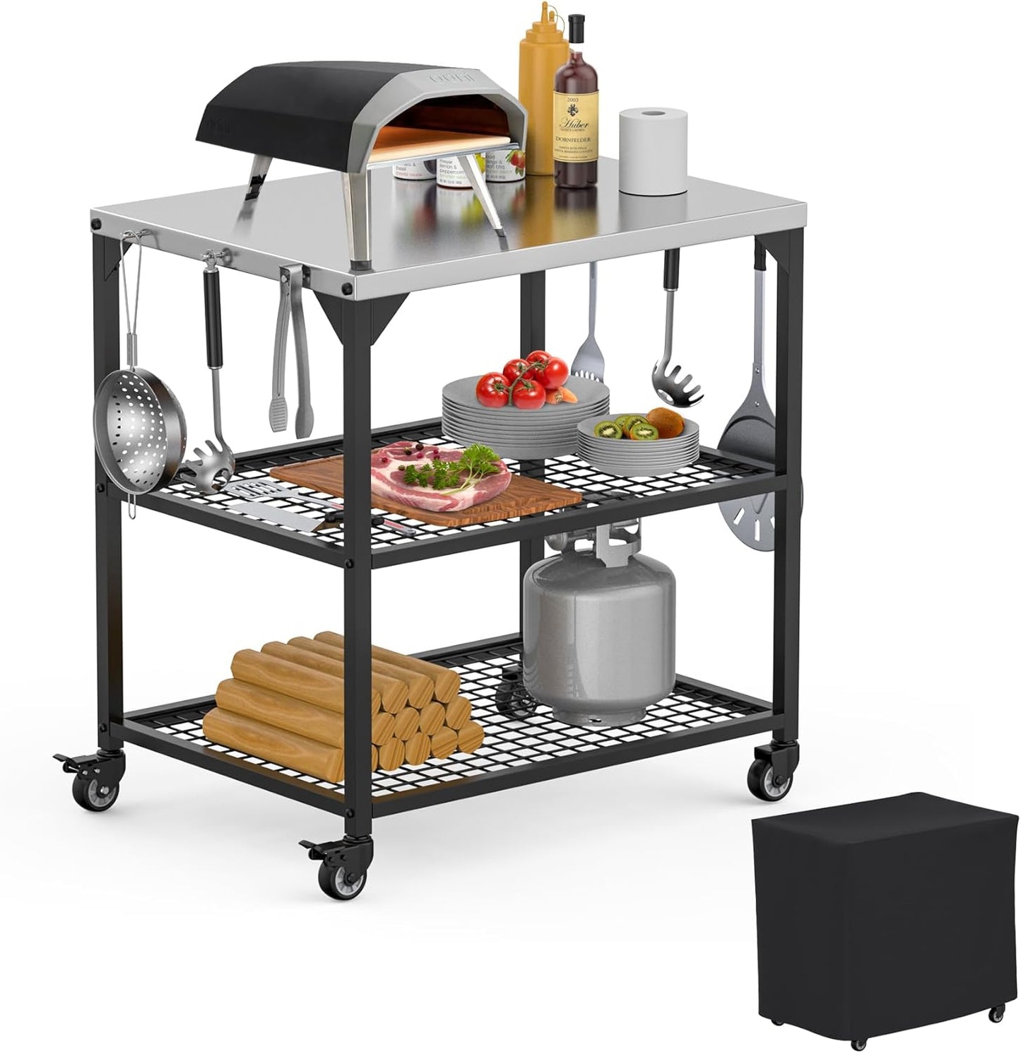 KEESHA Multi-Functional Stainless Steel Pizza Oven Stand Station 35.5 x31.5 x24'' Grill Trolley Stand for Outdoor Indoor Movable Dining Food Prep Cart with 3 Shelves for Ooni, Weber, Blackstone, Ninja
