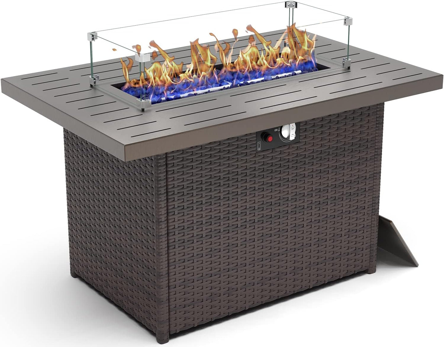 44 Inch Propane Gas Fire Pits Table for Outside Patio, 60000 BTU Rectangular Outdoor Wicker Rattan Fire Pit with Glass Wind Guard