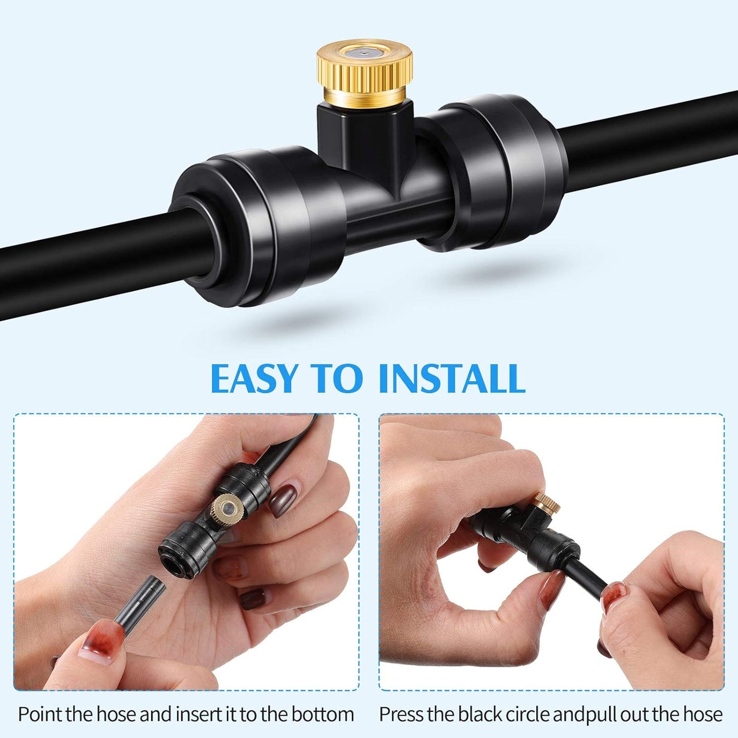 Misting Nozzles Kit Include Water Misting Tees Thread 1/4 Inch and Brass Orifice Nozzle with Black Plug for Outdoor Spray Cooling System(48 Pieces)