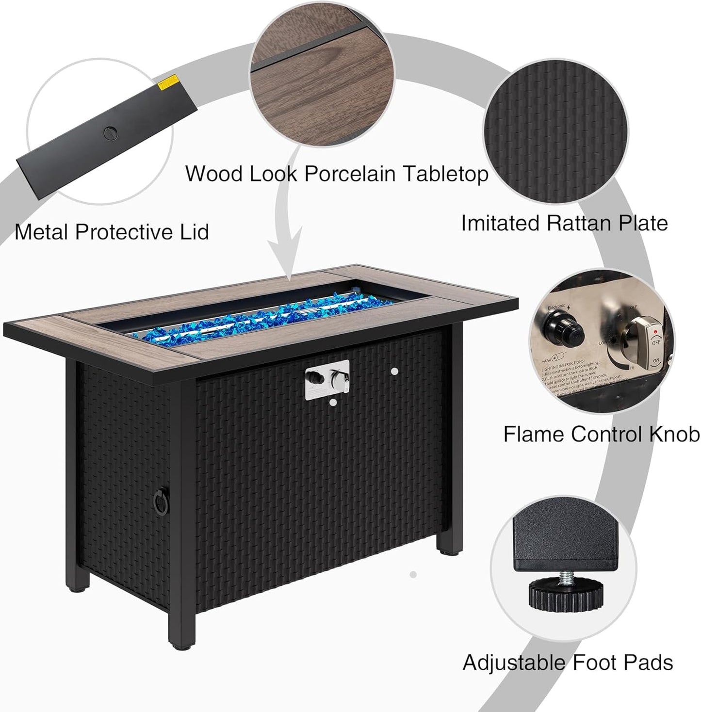 Meilocar 45in Fire Table, Propane Fire Pit with Glass Wind Guard and Rain Cover, Outdoor Firepit Table 50000 BTU 3-in-1 Fire Table for Patio/Yard/Balcony, Walnut Tabletop