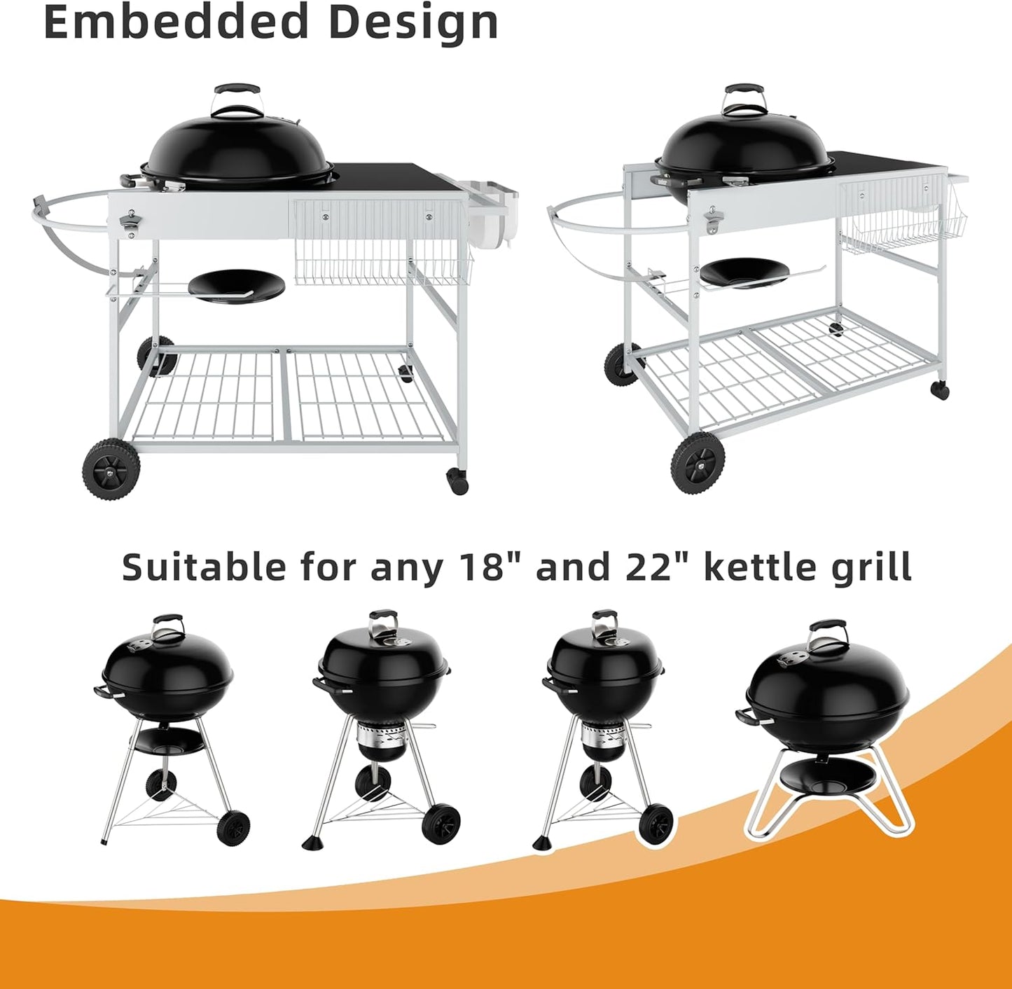 Vongrasig Grill Table for Weber Kettle 18" & 22", Outdoor BBQ Grill Cart for Weber Original Kettle,Jumbo Joe,Master-Touch Charcoal Grill, Outdoor Kitchen Island with Storage