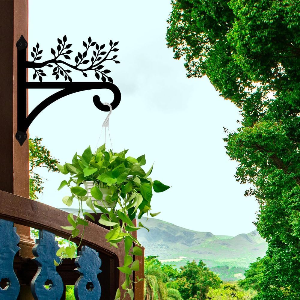 peacoblue Iron Plant Hangers Hooks for Outdoor Indoor Hanging Plants Flower Fern Pots Lantern Bird Feeder, 13"x14" Weather Resistant Metal Wall Holder for Porch Garden Farmhouse(Leaves with Branches)