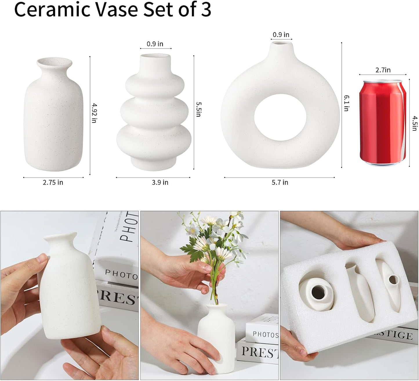 Ceramic Vase Set of 3, Small Flower Vase for Home Decor, Decorative Vases for Pampas Grass & Dried Flowers, Living Room, Bedroom, Bathroom, Shelf Centerpiece Table Decorations