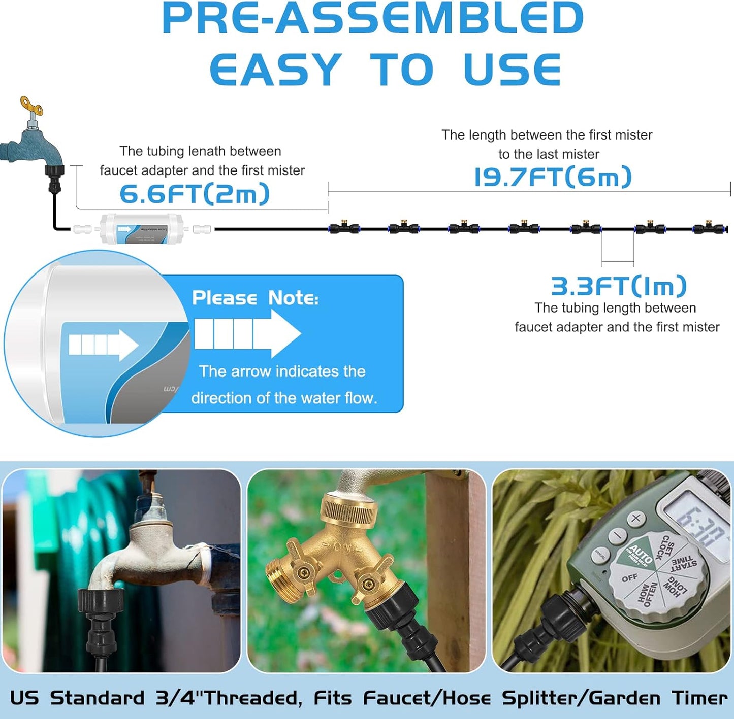 Misting System with Water Filter - Upgraded Signice 26 Ft (8M) Line & 7 Brass Mist Nozzles Outdoor Misters for Patio Cooling Mister Systems Kit for Outside Garden Backyard Greenhouse (Black)