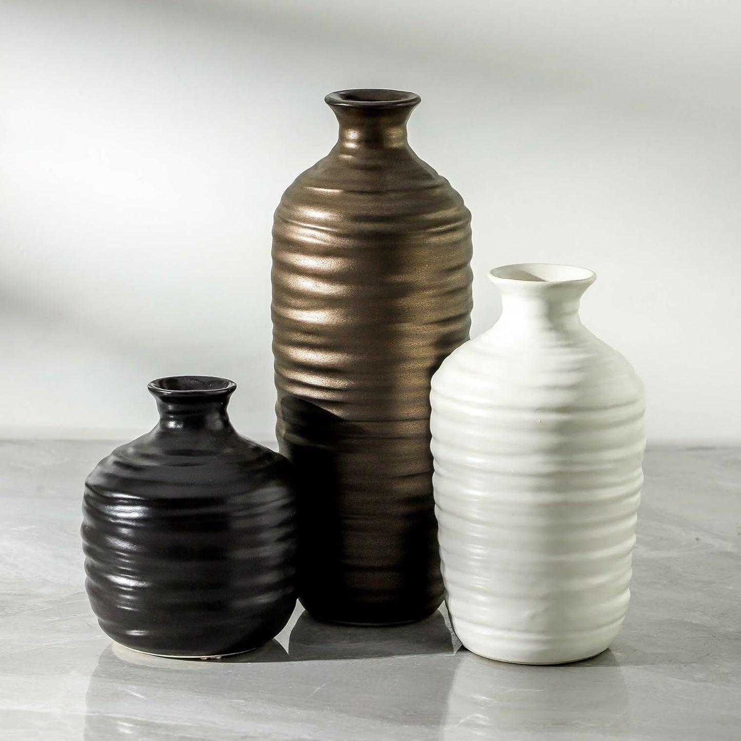 Ceramic Vase Set of 3 Neutral Decorative Vase for Farmhouse, Boho, or Rustic Home Decor Pottery Vases for Living Room Bathroom Table Mantel Fireplace Entryway Shelf (01-Metallic)