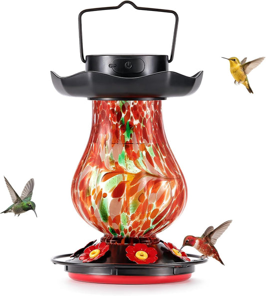 Solar Hummingbird Feeder for Outdoor - 25 fl.oz Hand Blown Glass Hummingbird Feeders for Outdoors Hanging, Large Capacity with Moat, 6 Colors Changing Light Outside Garden Decor (Red)