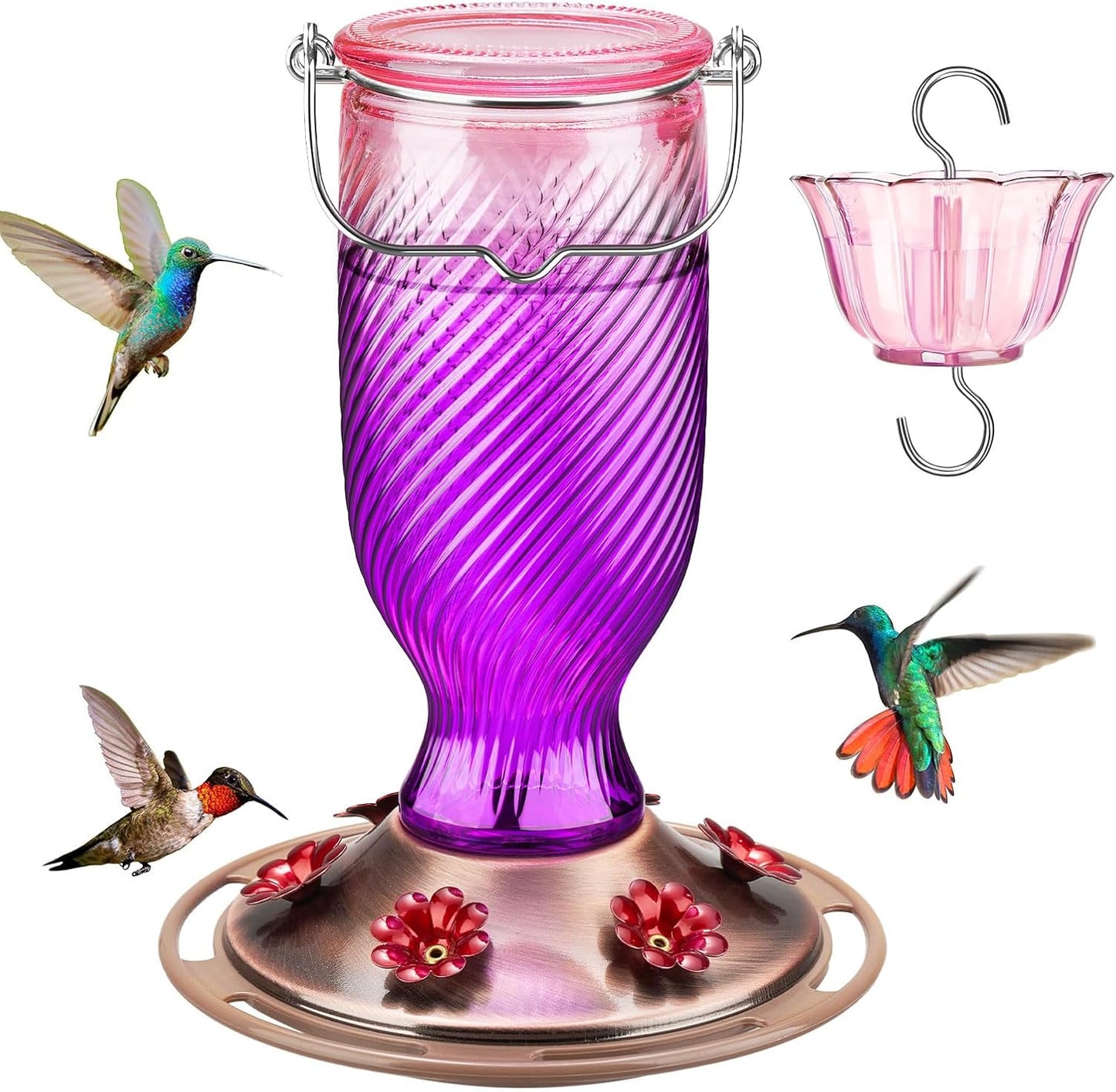 Kingsyard Glass Hummingbird Feeders for Outdoors, 24 oz Hummingbird Nectar Feeder for Outdoors Garden Yard D�cor, 6 Feeding Ports, Ant Moat Included, Easy to Clean & Refill, Purple