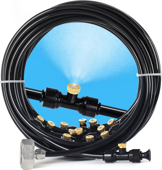 Bonviee Misters for Outside Patio, 100FT Misting Cooling System for Patio, 100FT (30M) Misting Line+28 Mist Nozzles+3/4" Brass Adapter, Pre-Assembled Garden & Greenhouse Watering System