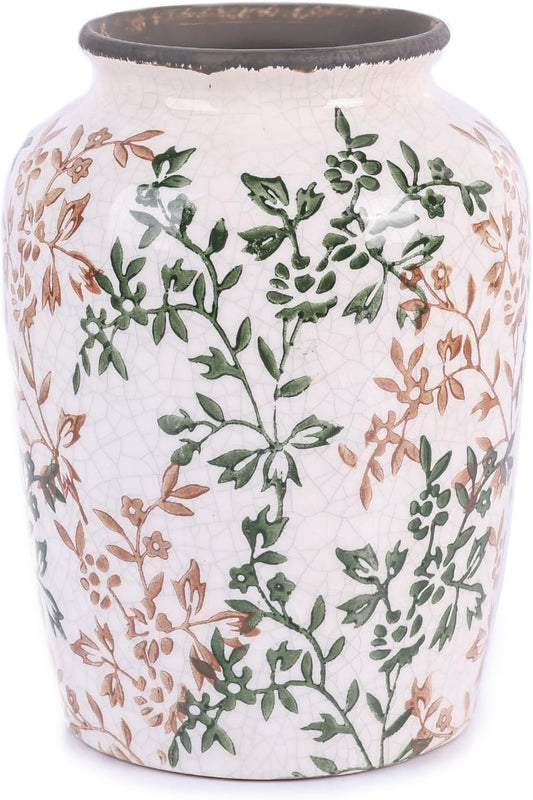 Vintage Vase for Flowers,Green Chinoiserie Ceramic Vase,Rustic Farmhouse Cracked Vases,for Flower Arrangement,Living Room, Office, Shelf, Fireplace Tables,Centerpieces,Chinoiserie Pottery Decor(D)