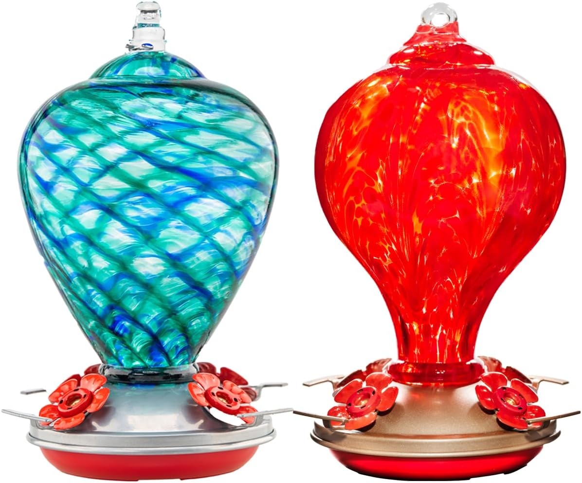 2 Packs Hummingbird Feeder for Outdoors Hanging Ant and Bee Proof, 34OZ 32OZ Hand Blown Glass Hummingbird Feeders for Outside (Blue & Flame)