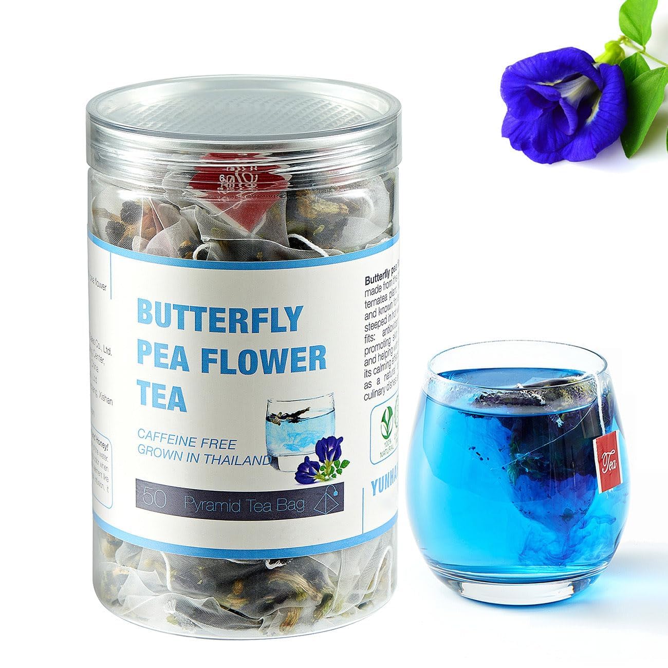 50 Dried Blue Butterfly Pea Flower Tea Bags | Thai Herbal Tea | Blue Purple Pea Tea | Caffeine-Free, Gluten-Free, Non-GMO | Ideal for Cooking, Iced Tea, Coolers, Cocktails and Mocktails